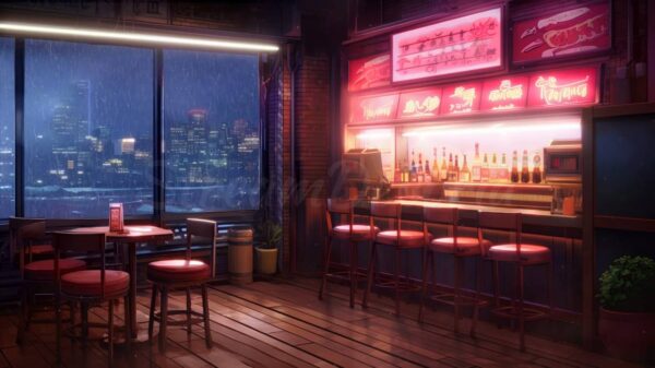 Neon Bar On Rainy Night - Dark Animated Vtuber Background
