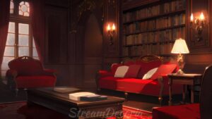 Vintage Library on a Rainy Day - Red Animated Vtuber Background