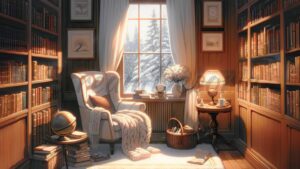 Winter Vtuber Background - Cozy Library Room With Snowy Forest