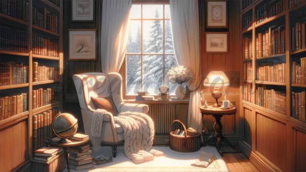 Winter Vtuber Background - Cozy Library Room With Snowy Forest