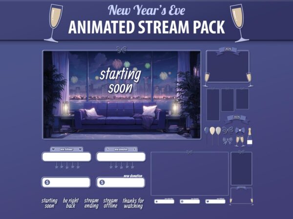 Animated stream overlay pack for New Year's Eve, including festive elements like starting soon screens and more