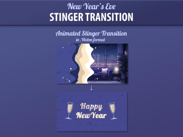 Stinger transition for New Year's Eve streams, offering smooth scene changes with festive animations