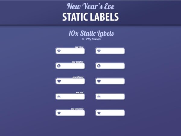 Stream labels for New Year's Eve streams, featuring stylish and customizable options for Twitch overlays