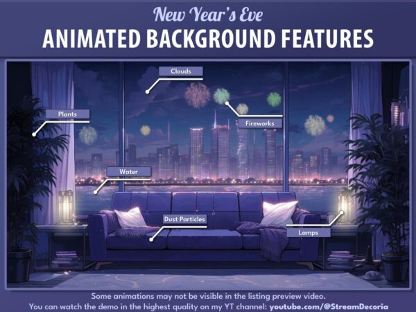 Animated background features for New Year's Eve streams, showcasing celebratory visuals and dynamic designs