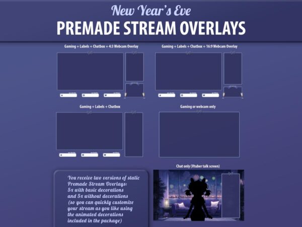 Premade stream overlays for New Year's Eve, featuring festive designs perfect for Twitch and VTuber streams